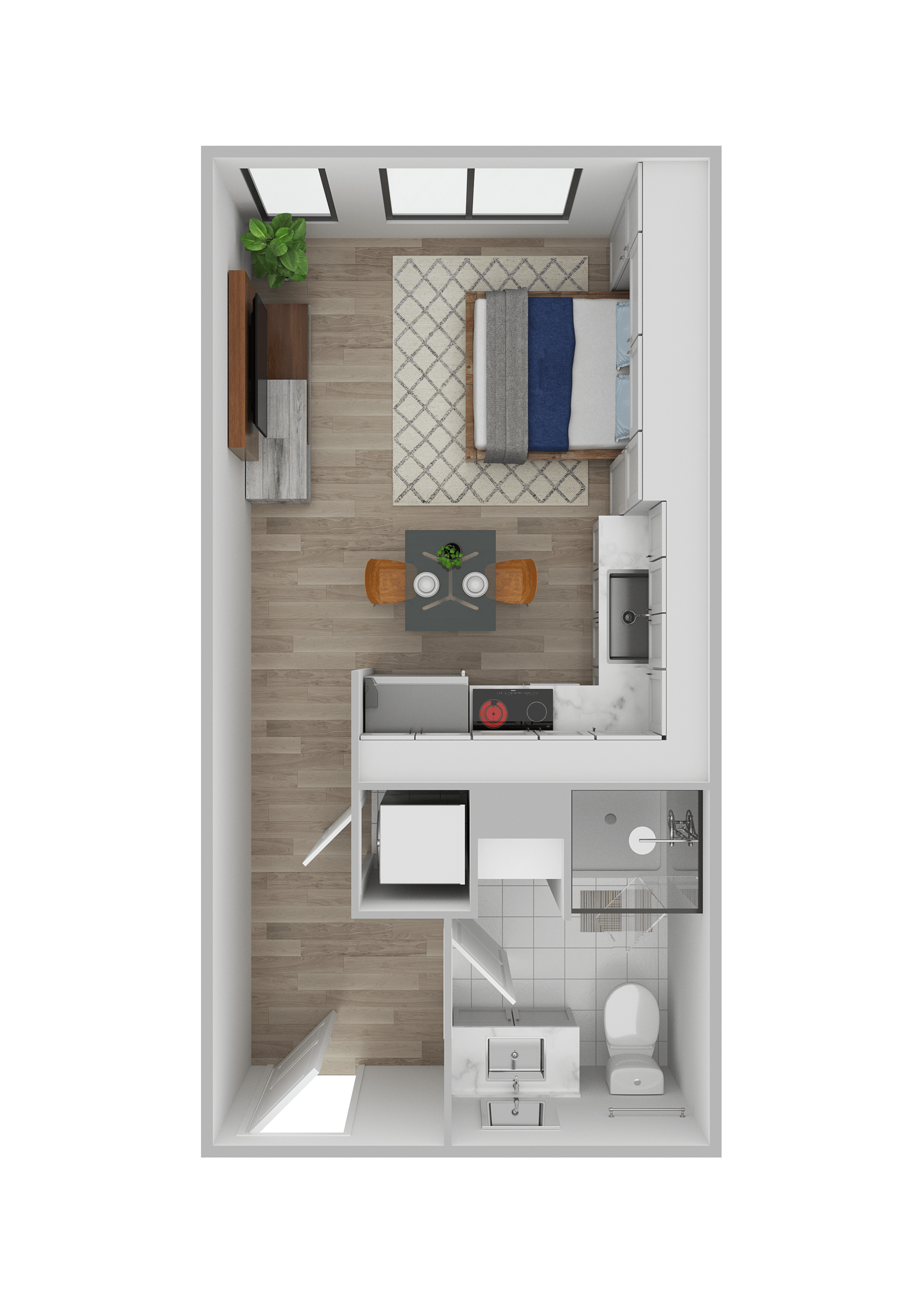 A top-down view of a small, modern kitchen and living room.