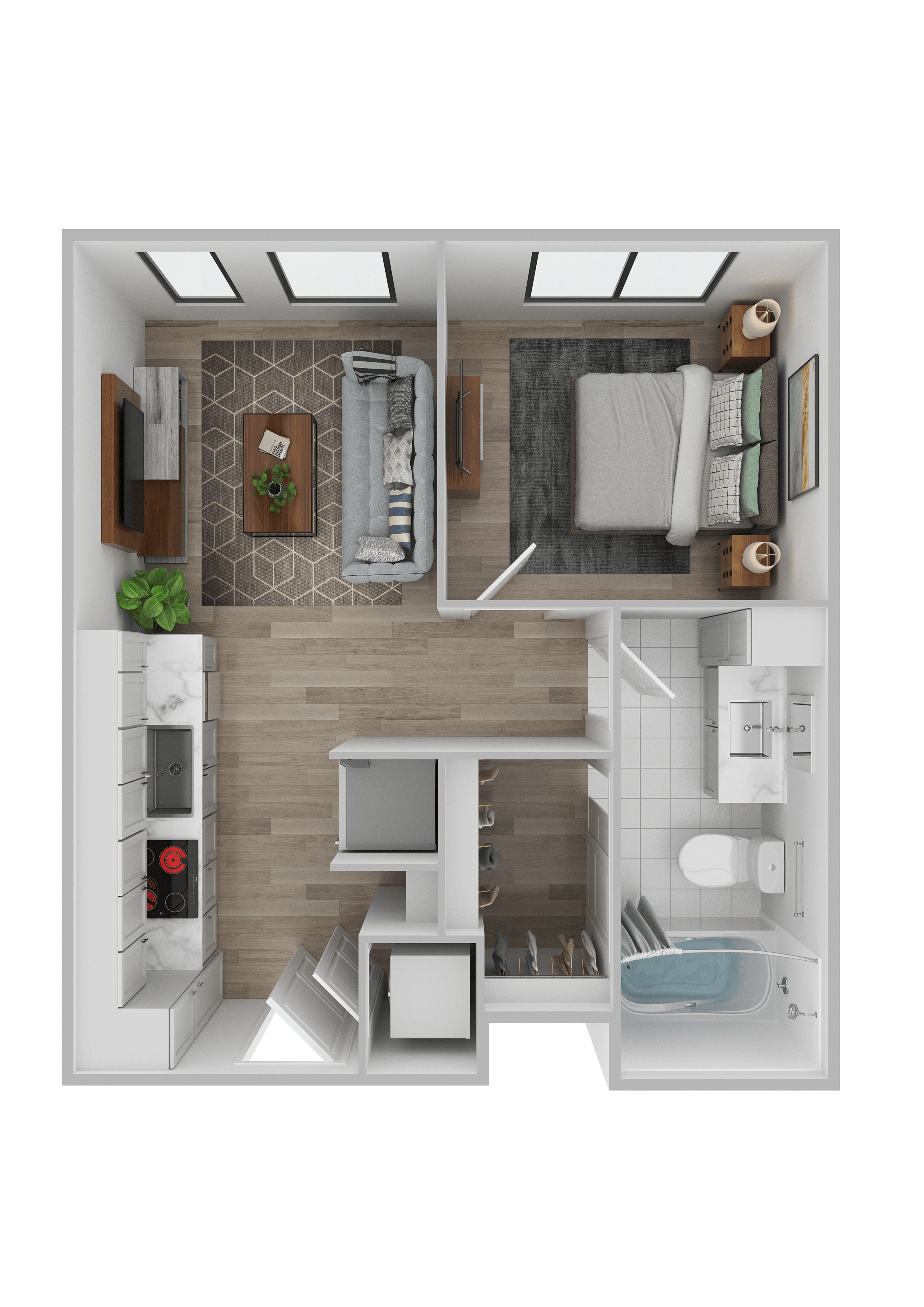 A top-down view of a small, modern apartment with a kitchen, living room, and bathroom.