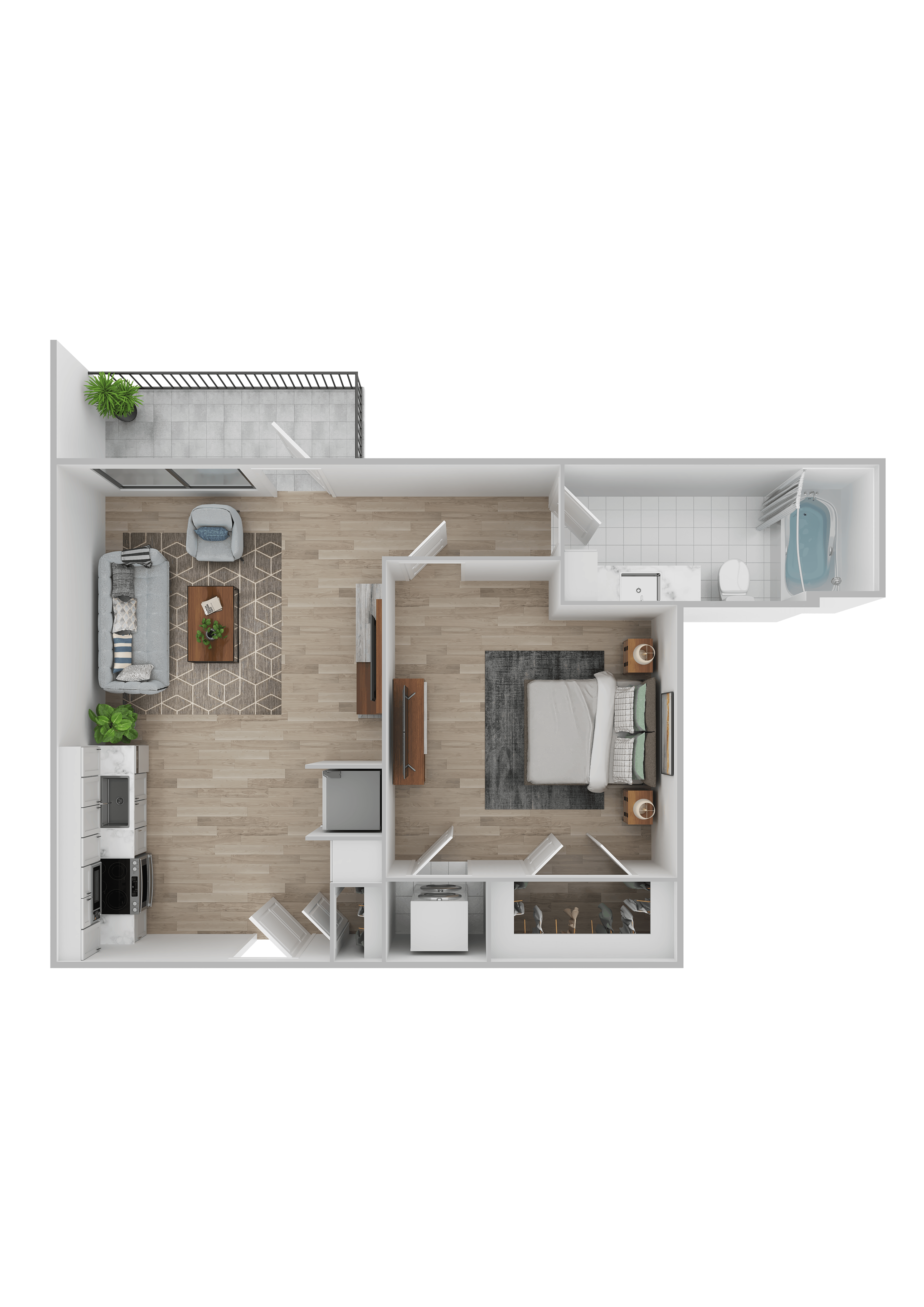 A top-down view of a small apartment with a kitchen, living room, and bathroom.
