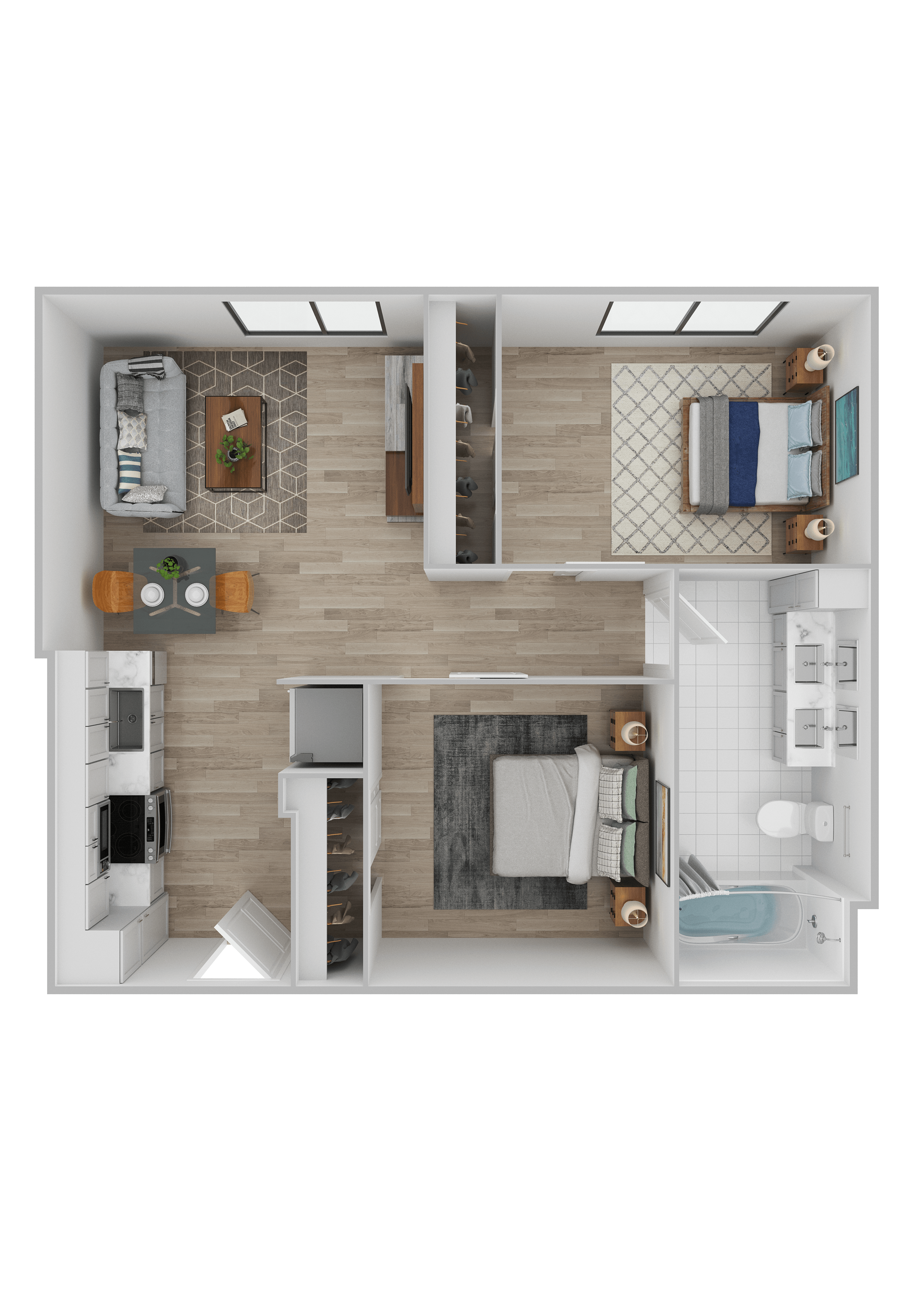 A top-down view of a modern apartment layout with a kitchen, living room, and two bedrooms.