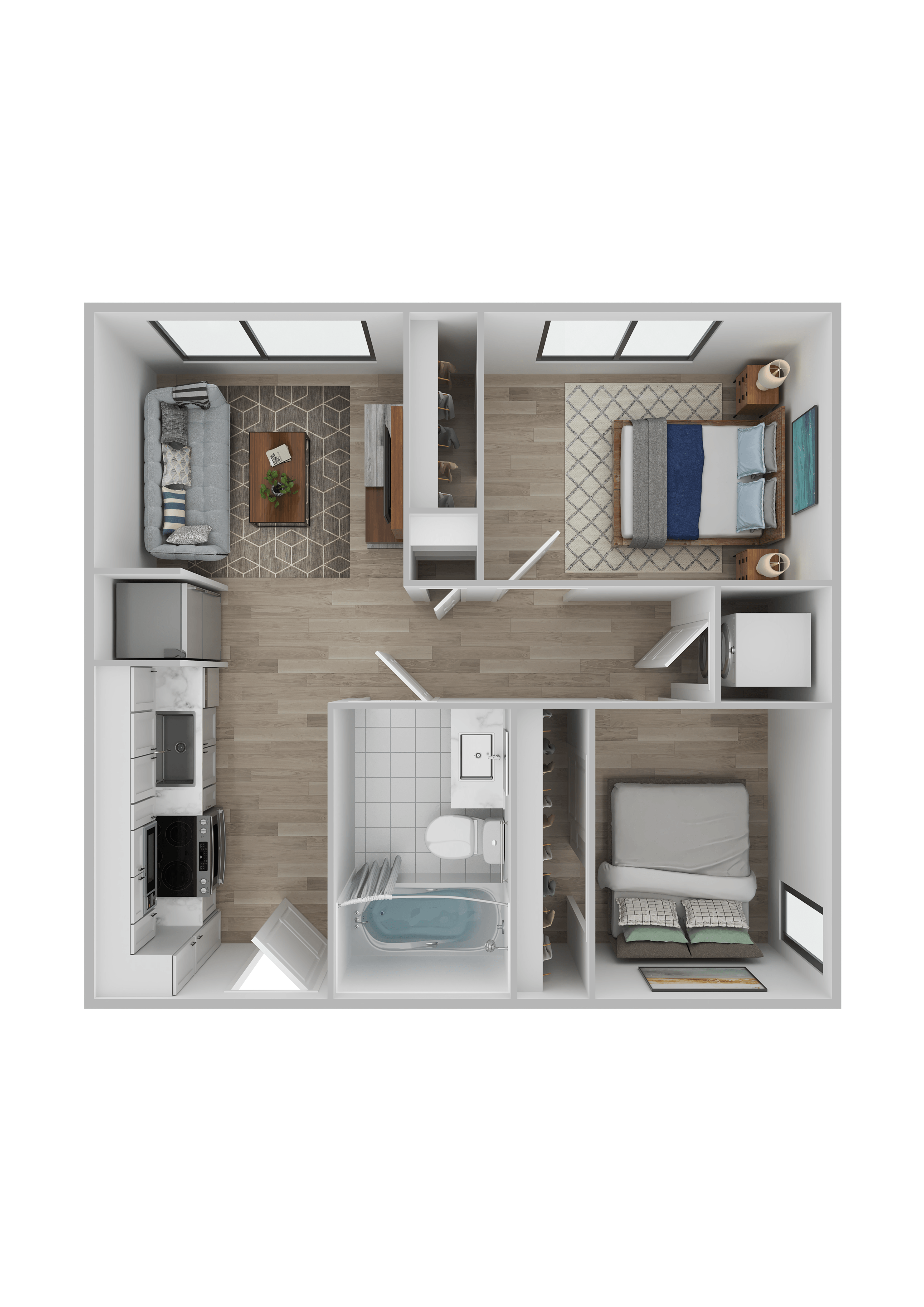 A top-down view of a small, modern apartment with a kitchen, living room, and bedroom.