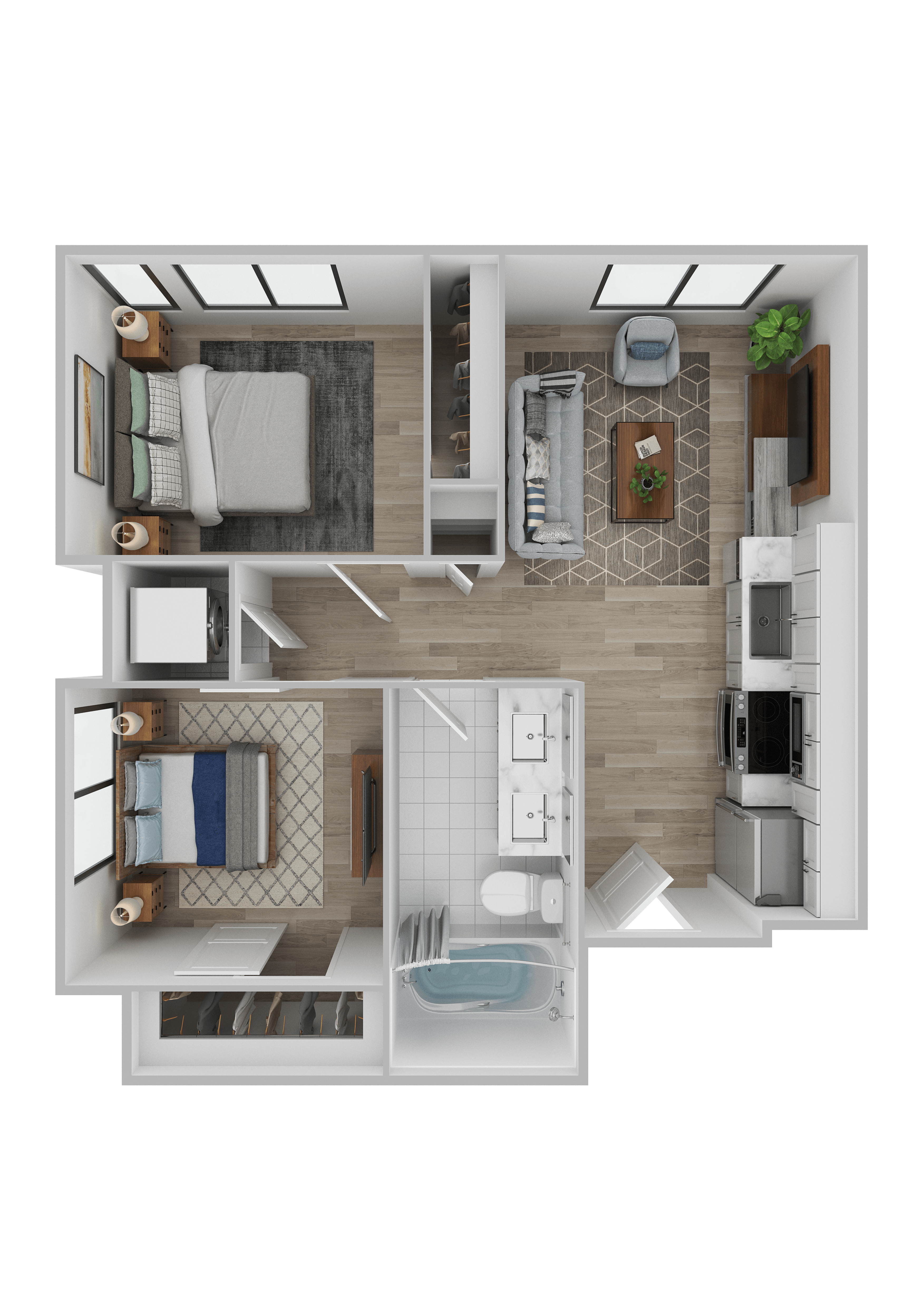 A top-down view of a small apartment with a kitchen, living room, and bathroom.