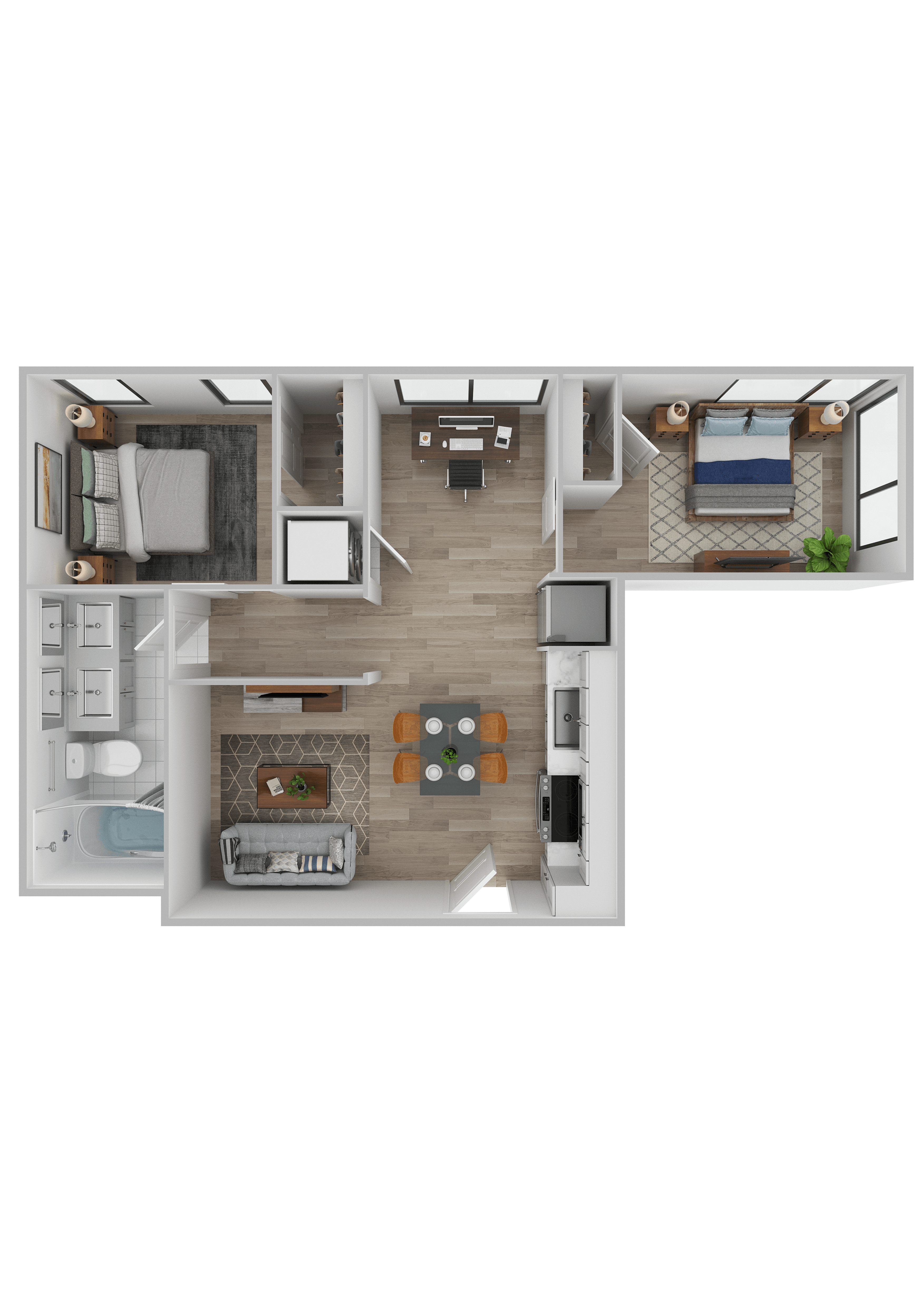 A top-down view of a modern apartment layout.