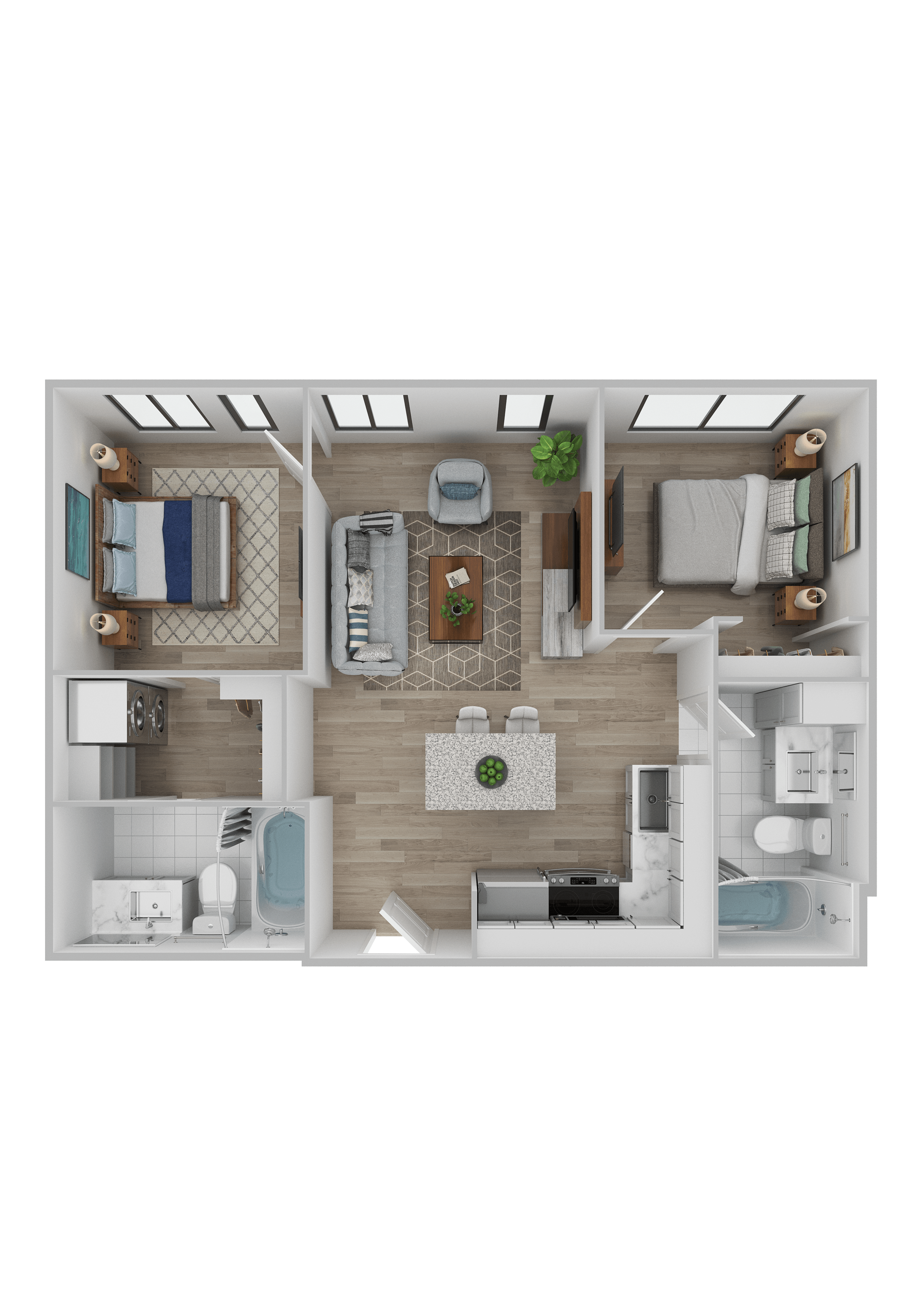 A top-down view of a small apartment with a kitchen, living room, and bathroom.