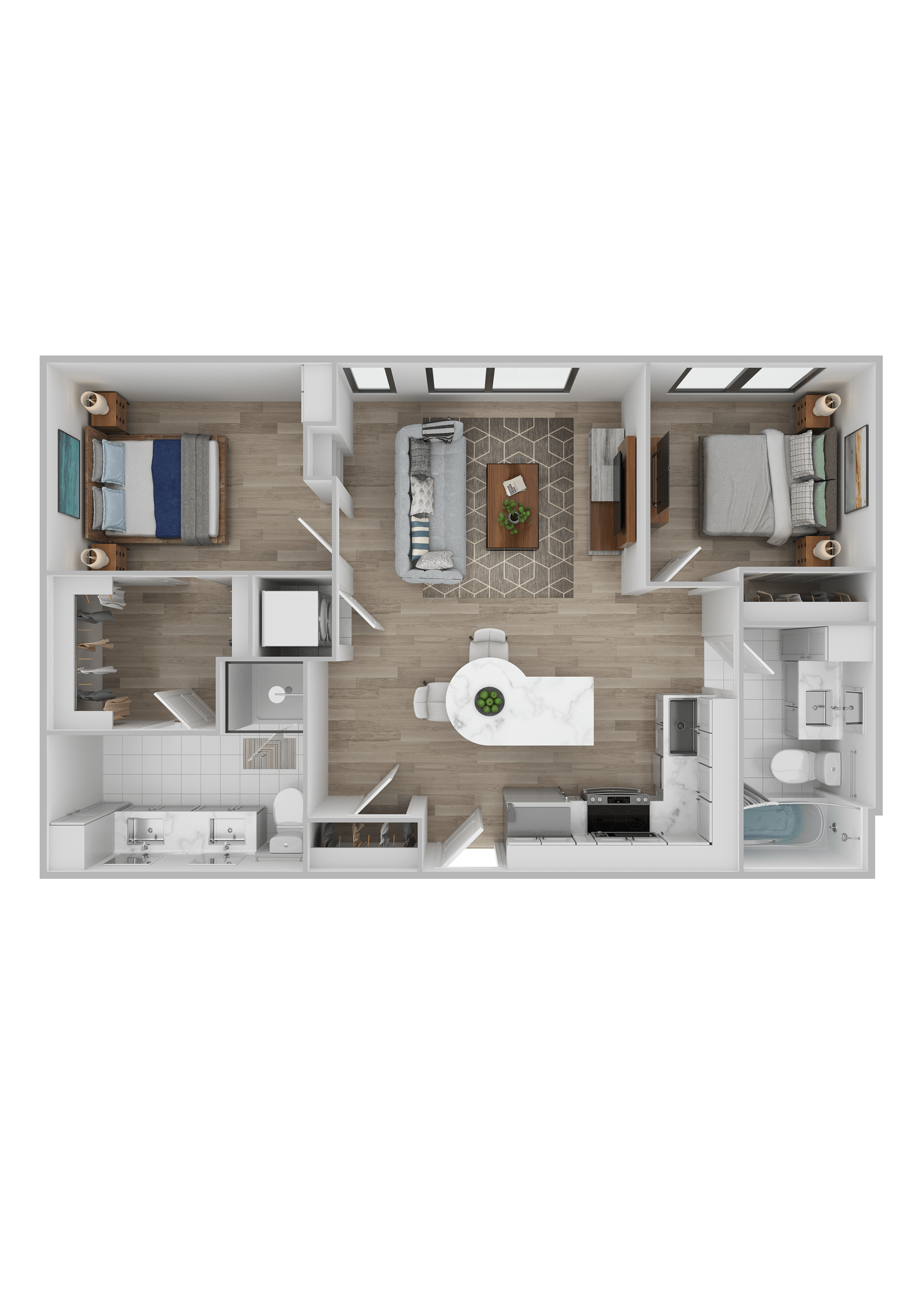 A top-down view of a small apartment with a kitchen, living room, and bathroom.