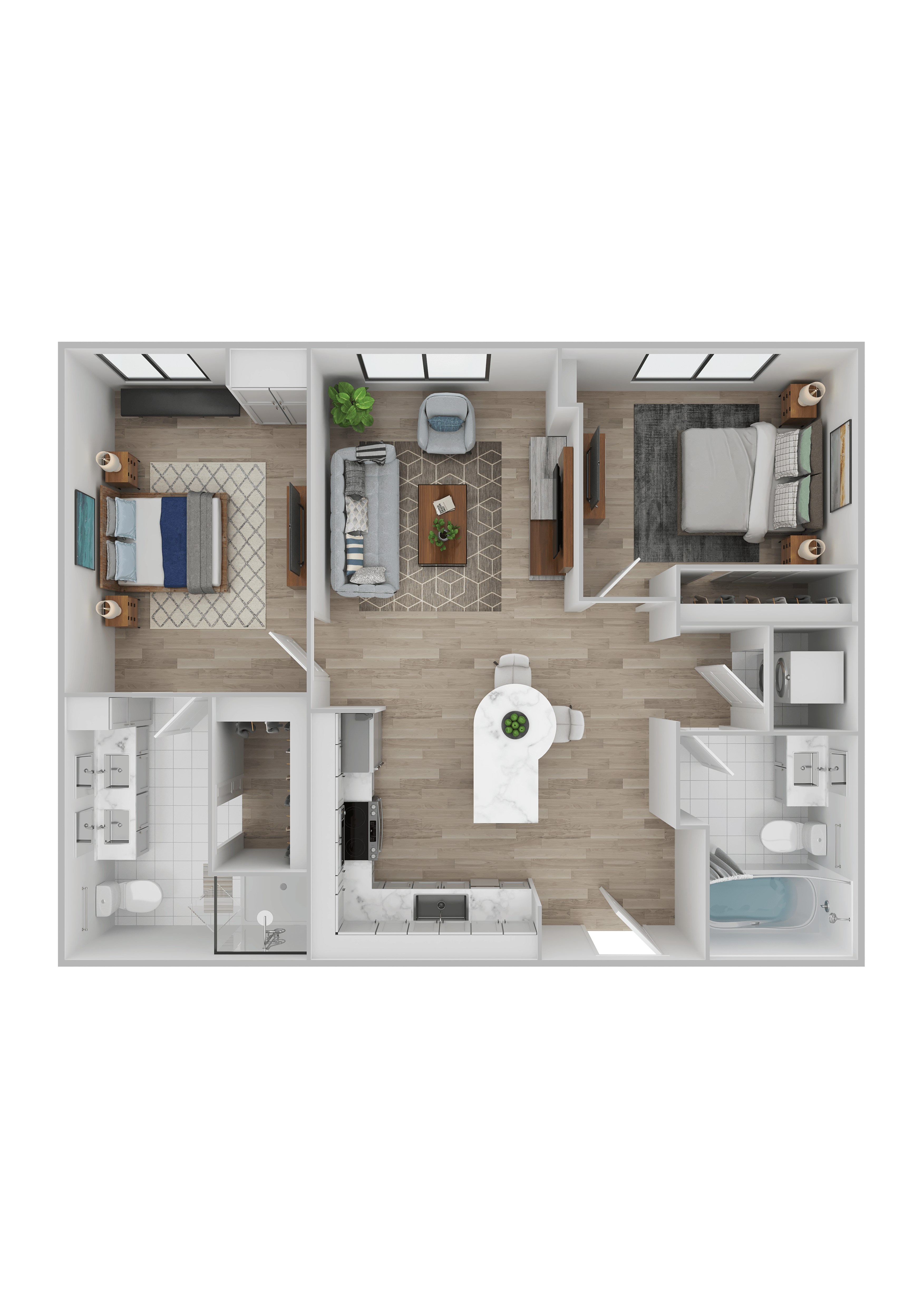A top-down view of a well-furnished apartment.