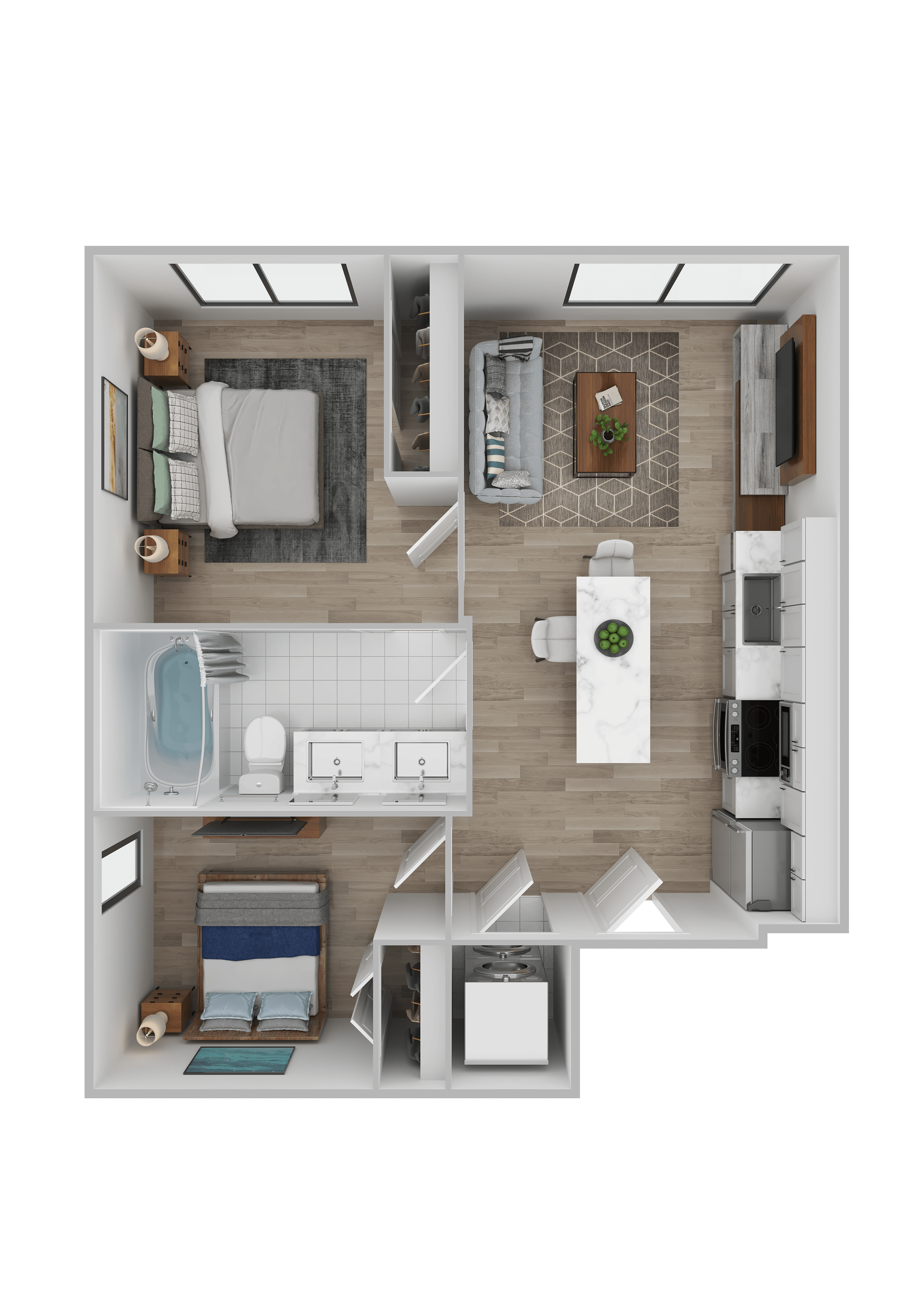 A top-down view of a modern kitchen and living room.