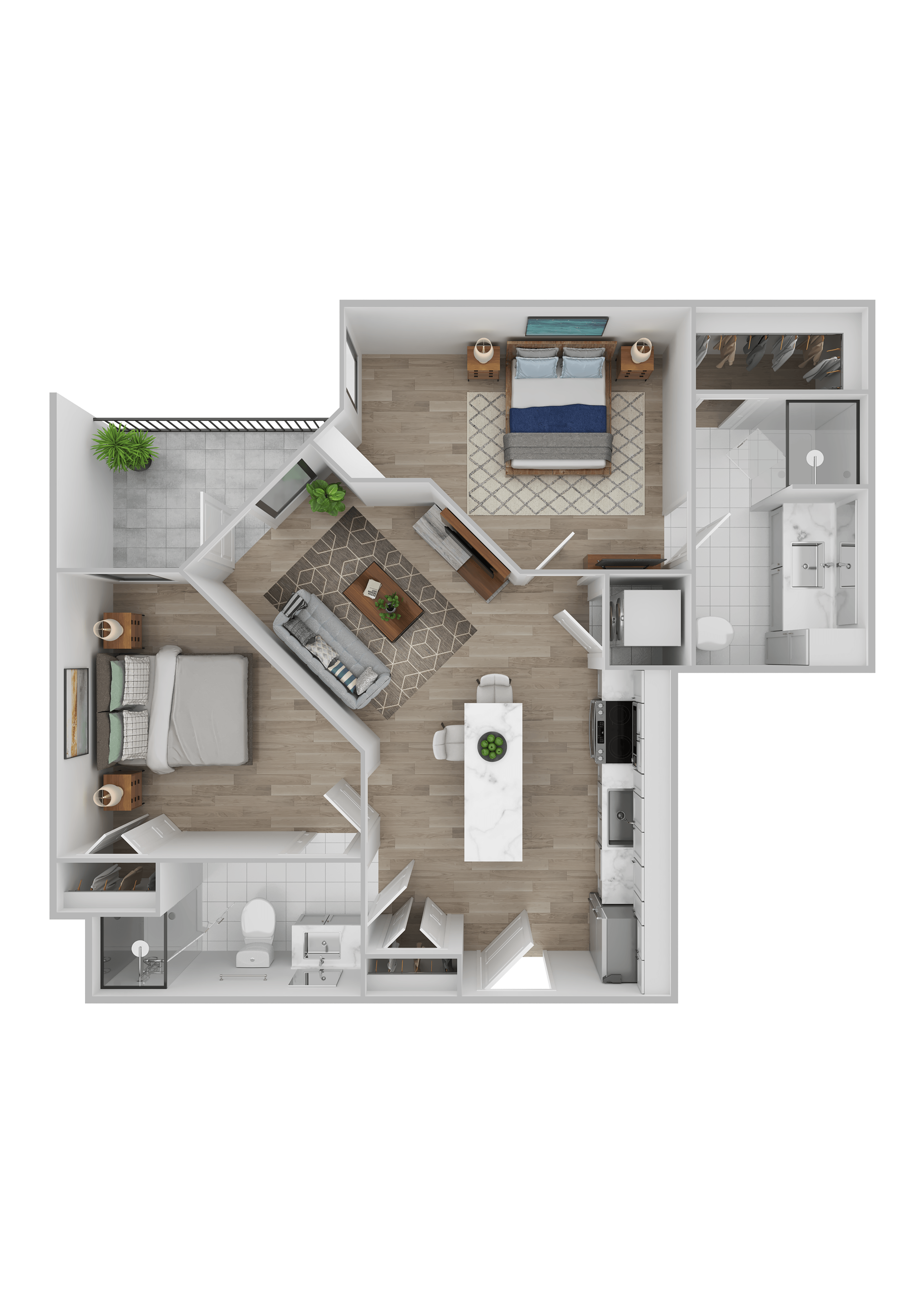 A top-down view of a modern apartment layout with a kitchen, living room, and bedrooms.