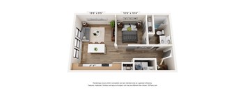 A 3D floor plan of a small apartment with a kitchen, living room, and bedroom.
