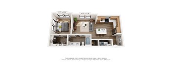 A 3D floor plan of a house with a living room, kitchen, and bathroom.