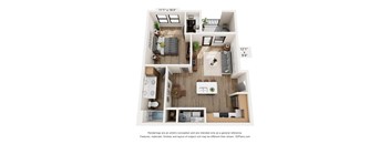 A 3D floor plan of a small apartment with a kitchen, living room, and bedroom.