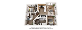 A 3D floor plan of a two-bedroom apartment.