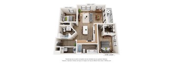 A 3D floor plan of a small apartment with a kitchen, living room, and bedroom.