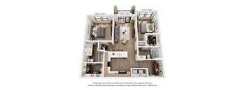 A 3D floor plan of a two-bedroom apartment with a living room, kitchen, and bathroom.