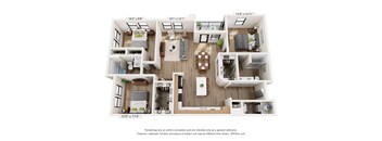A 3D floor plan of a house with four bedrooms, a living room, a kitchen, and a bathroom.