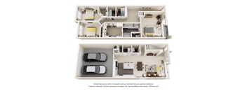 A 3D floor plan of a house with two bedrooms, a living room, a kitchen, a bathroom, and a garage.