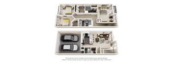 A 3D floor plan of a house with two bedrooms, a living room, a kitchen, and a garage.