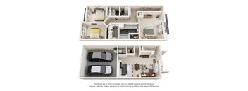 A 3D floor plan of a house with two bedrooms, a living room, a kitchen, a bathroom, and two parking spaces.