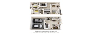 A 3D floor plan of a house with two bedrooms, a living room, a kitchen, and a garage.