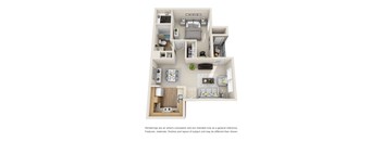 A floor plan of a two-bedroom apartment with a living room, kitchen, and bathroom.