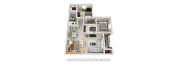 A 3D rendered image of a house layout.