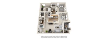 A 3D rendered image of a house layout.