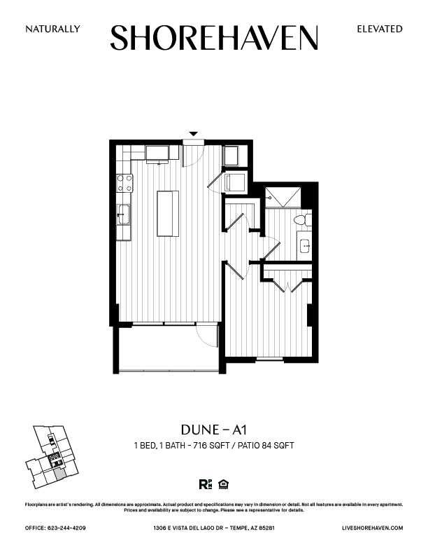 A black and white image of a floor plan for a property called Dune - A1.