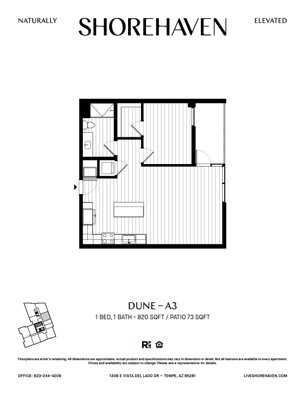 A black and white image of a floor plan for a property called Dune - A3.