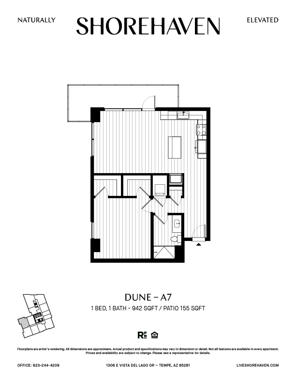 A black and white image of a floor plan for a property named Dune - A7.