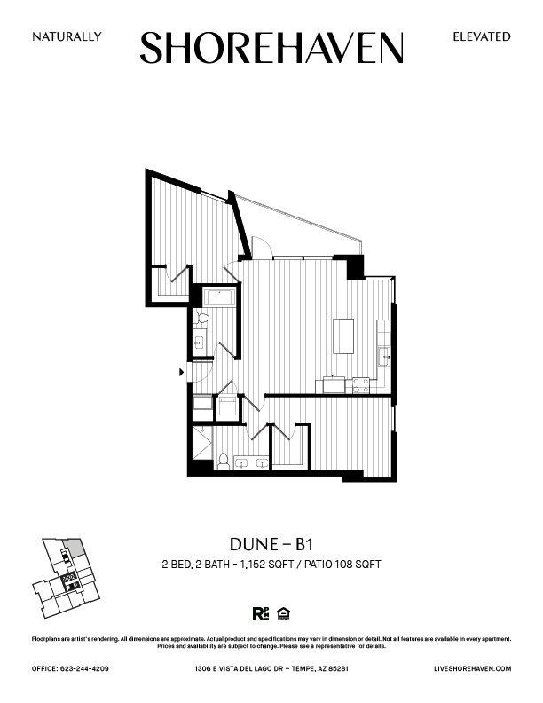 A black and white image of a floor plan for a property named Dune - B1.