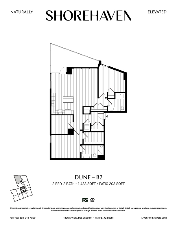 A black and white image of a floor plan for a property named Dune - B2.