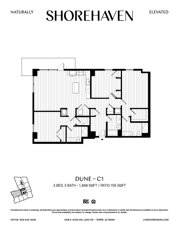 A black and white image of a floor plan for a Shorehaven apartment.
