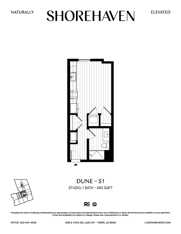 A black and white image of a floor plan for a studio apartment.