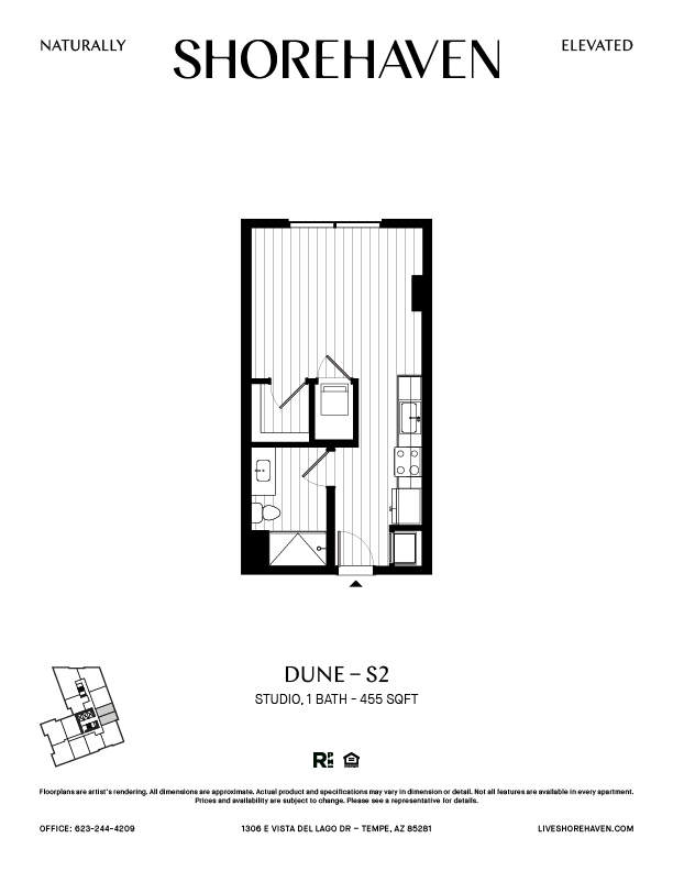 A black and white image of a floor plan for a Shorehaven apartment.