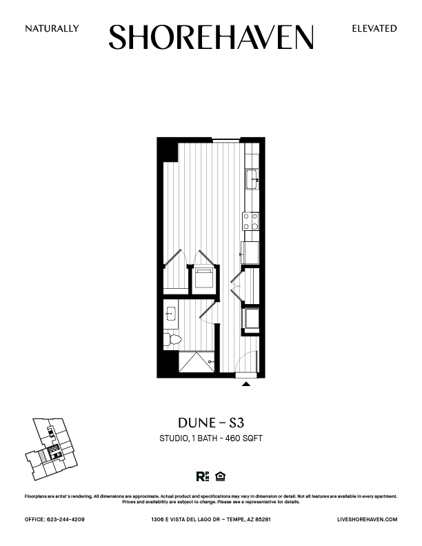 A black and white image of a floor plan for a studio apartment.