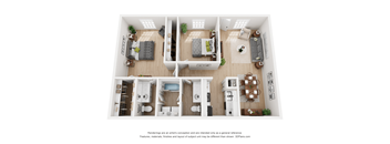 a 3d rendering of the upper floor of a 1 bedroom