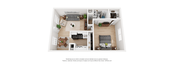 a stylized floor plan with a bedroom and living room