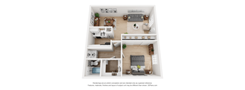 a stylized floor plan with a bedroom and living room