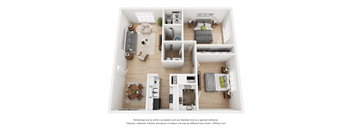 a stylized floor plan with a bedroom and living room