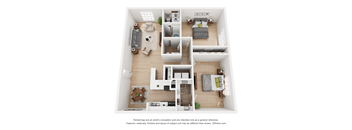 a stylized floor plan with a bedroom and living room