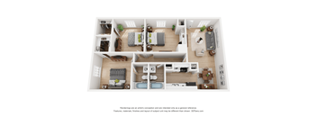 a stylized floor plan with a bedroom and living room