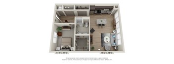 A 3D floor plan of a small apartment with a kitchen, living room, and bathroom.