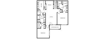 From entry is living room ahead and dining to the right next to a kitchen. Kitchen opens into laundry closet, storage, and bathroom. Master bed with bathroom and walk-in closet. Bedroom 2 with walk-in closet, built-in desk, storage closet, and bathroom access.