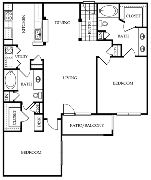 From entry is living room ahead and dining to the right next to a kitchen. Kitchen opens into laundry closet, storage, and bathroom. Master bed with bathroom and walk-in closet. Bedroom 2 with walk-in closet, built-in desk, storage closet, and bathroom access.