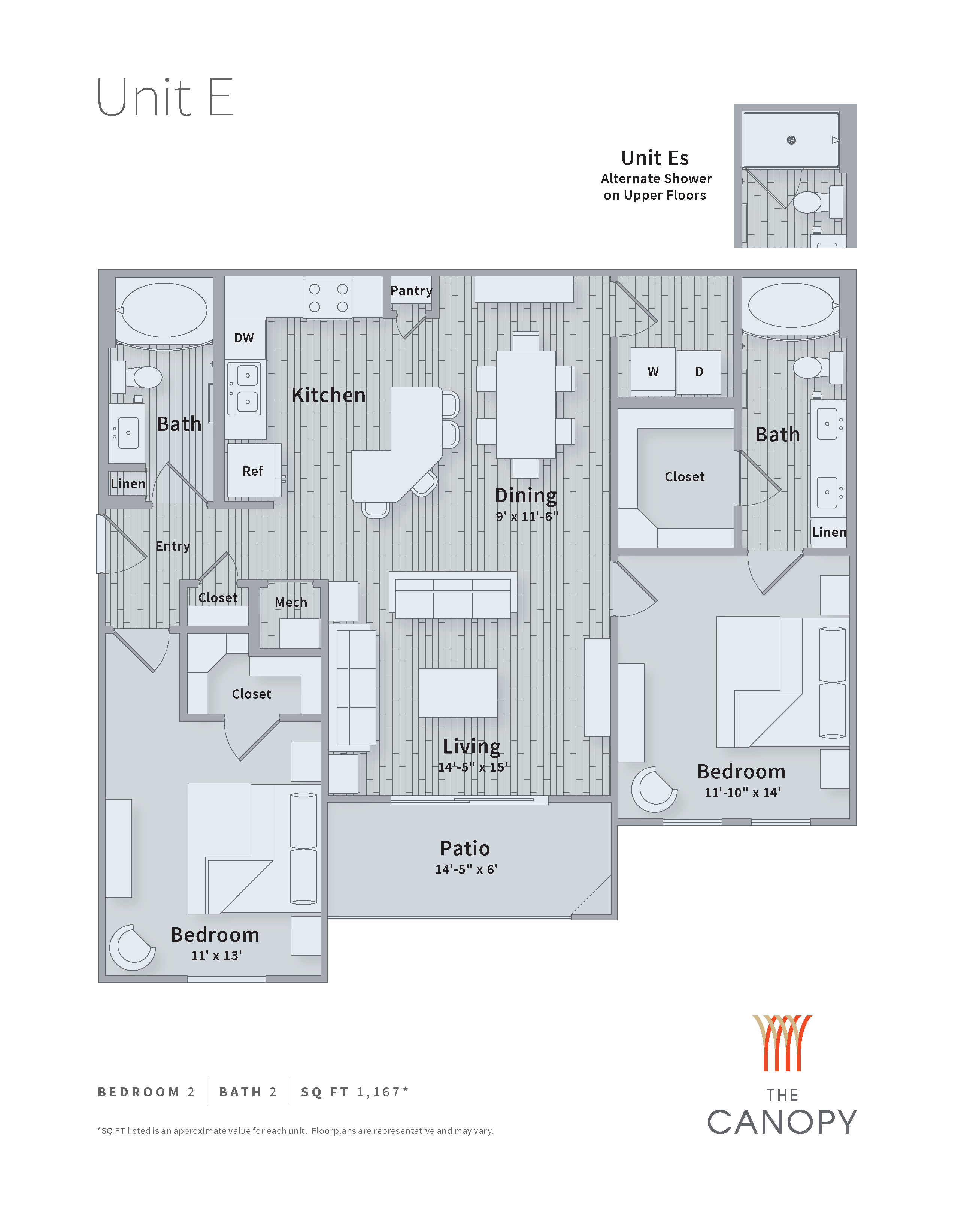 A floor plan of Unit E showing the layout of the rooms.