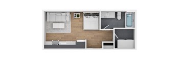 A top down view of a modern kitchen with a dining table and chairs.