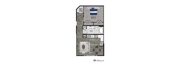 A floor plan of a one bedroom apartment with a living room and a kitchen.