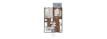 A floor plan of an apartment with a living room, dining room, kitchen, and bathroom.