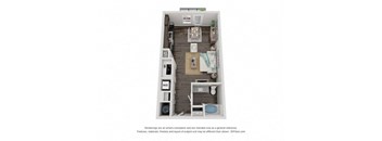 A 3D image of a small apartment with a kitchen, living room, and bedroom.
