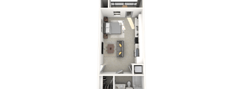 A top-down view of a small, neatly organized apartment with a kitchen, living room, and bedroom.